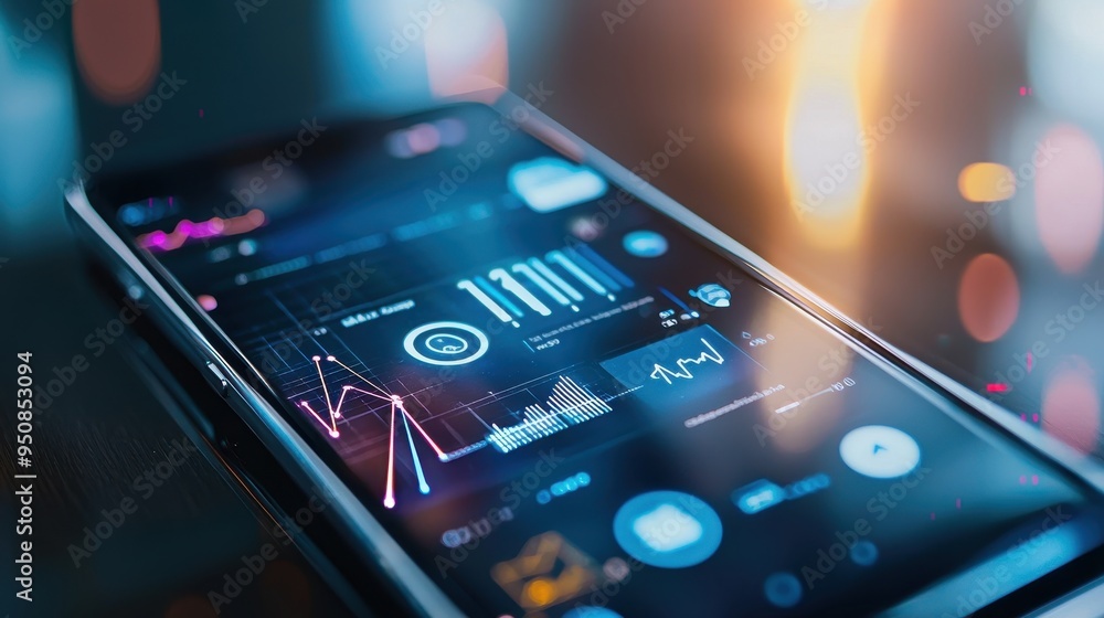 Poster high-resolution closeup of a smartphone displaying a digital banking app interface with financial ma