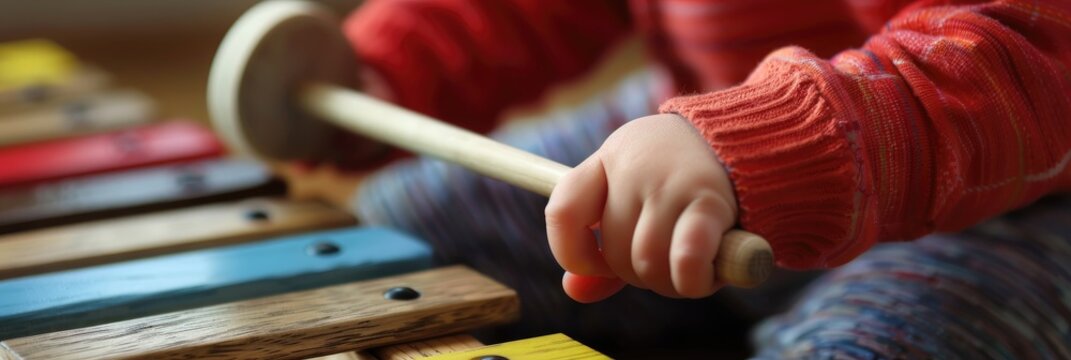 Close-up of a child's hand gripping a hammer while striking a xylophone