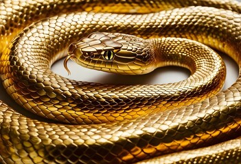 Fototapeta premium coiled golden snake against a stark white background
