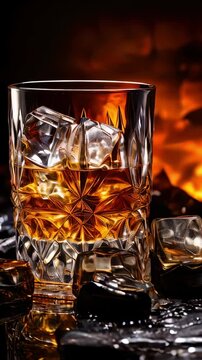 carved crystal glass with ice and amber alcoholic drink in dark room with fire in background.camera movement around glass