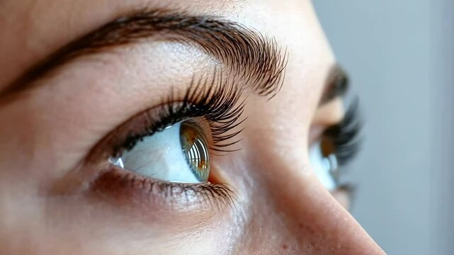 Woman's eyes after classic 2d volume eyelash extensions and eyebrow correction. Natural beauty. Cosmetology and skin care, makeup and cosmetic concept. Closeup video