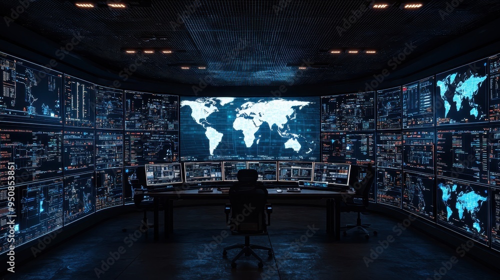 Poster high-tech control room with multiple screens showing global broadband network maps and strategic exp