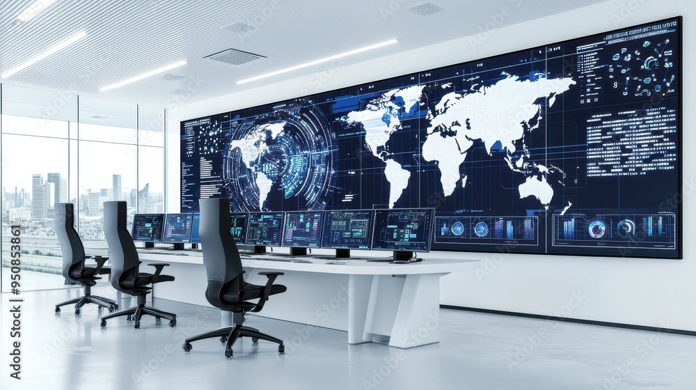 Poster high-tech control room with multiple screens showing global broadband network maps and strategic exp