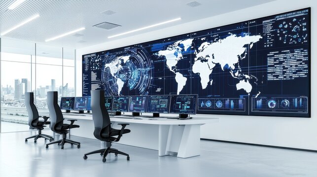 High-tech control room with multiple screens showing global broadband network maps and strategic expansion plans 
