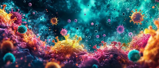Fototapeta premium A high-resolution image of the body's defenses being overwhelmed by a surge in germs, with the potential for a widespread pandemic caused by contaminants
