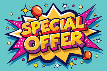 Fototapeta premium Vector Template in Comic Book-Style Illustration Featuring 'Special Offer!' in Speech Bubbles, Thunder Sign, and Bold Colors, Perfect for Retail and Online Shop Promotions