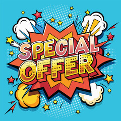 Vector Template in Comic Book-Style Illustration Featuring 'Special Offer!' in Speech Bubbles, Thunder Sign, and Bold Colors, Perfect for Retail and Online Shop Promotions