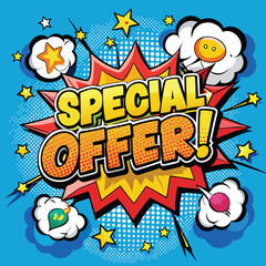 Fototapeta premium Vector Template in Comic Book-Style Illustration Featuring 'Special Offer!' in Speech Bubbles, Thunder Sign, and Bold Colors, Perfect for Retail and Online Shop Promotions