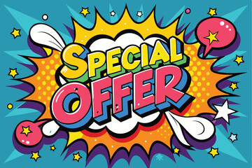 Fototapeta premium Vector Template in Comic Book-Style Illustration Featuring 'Special Offer!' in Speech Bubbles, Thunder Sign, and Bold Colors, Perfect for Retail and Online Shop Promotions