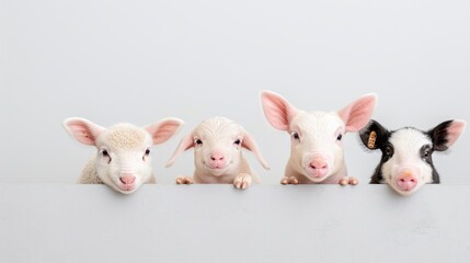 Obraz premium Four Adorable Baby Piglets Peeking Over White Panel, Minimalist Close-Up of Farm Animals, Ideal for Rural Marketing, Agriculture Designs, or Children’s Themes. 