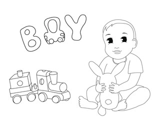 Baby boy and wooden train outline vector illustration. Hand drawn lettering of words Boy. Isolated on white. Cute baby boy with bunny toy, lettering. Design for gender party and baby shower