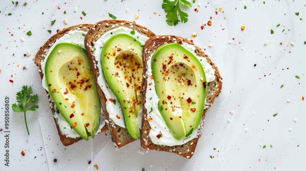 Sticker Delicious avocado slices on toasted bread create a vibrant and fresh meal. Perfect for breakfast or a snack. Enjoy the blend of flavors. A healthy choice for everyone. AI