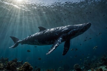 Fototapeta premium A blue whale in the ocean.Underwater view.