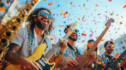 Hipster man playing guitar and singing to his friends at the festival International Music Day fest