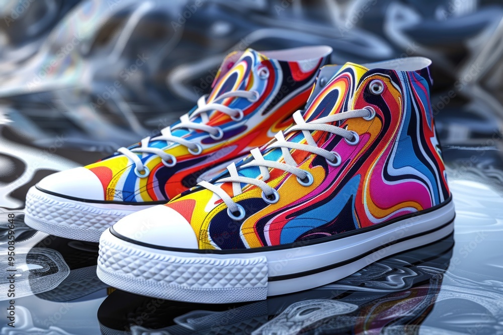 Poster a pair of vibrant shoes perched on a table, ready for display or use