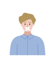 Man with tape on mouth. Sad silent boy. Communication, forbidden, censorship, speech, freedom, expression concept. Flat vector character design isolated illustration on white background.