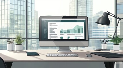 Fototapeta premium Strategic Online Marketing Campaign: Modern Office Desk with Computer Monitor, Website Analytics, and Creative Space for Branding and Text