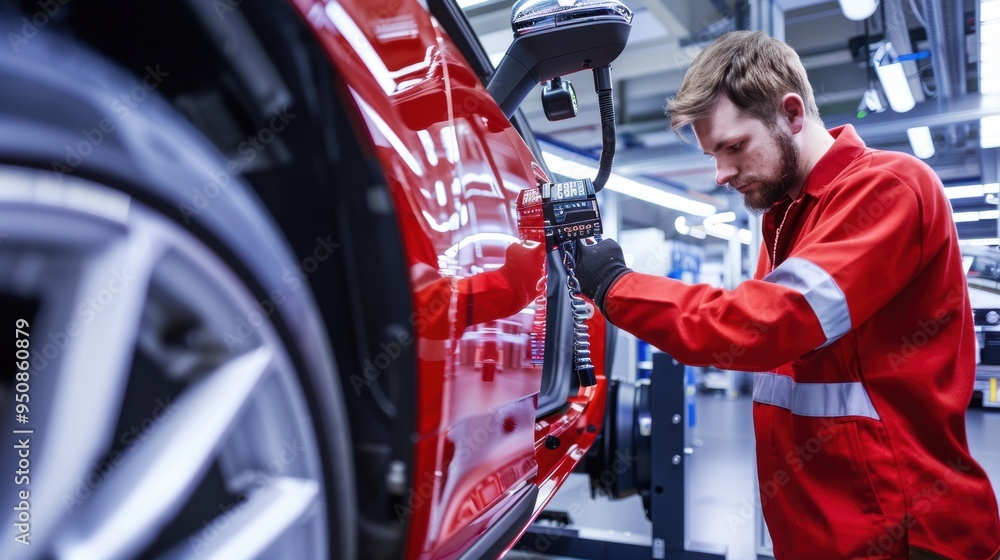 Poster car factory worker performing quality control on red car door using digital device