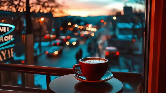 Cozy Coffee Cup On Balcony At Dusk With Cityscape - Cafe Seamless Loop Video