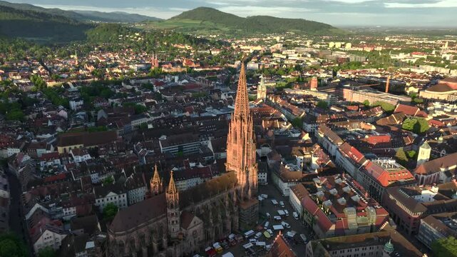 Freiburg im Breisgau, Germany at Sunrise. Aerial Drone Shot on Freiburger Dom Cathedral. 4k Drohne Footage