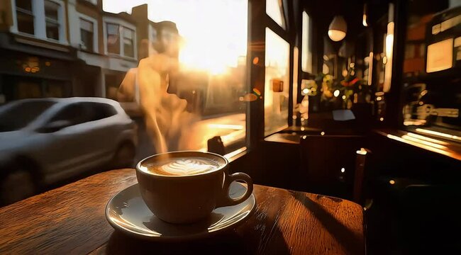 Hot Coffee Cup By Window Overlooking Busy Street At Dawn - Cafe Seamless Loop Video