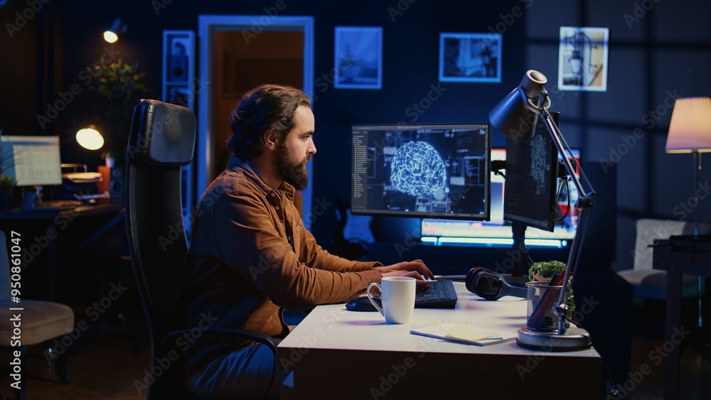Poster developer updating artificial intelligence neural networks, typing on computer keyboard in neon lit 