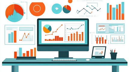 Fototapeta premium Strategic Online Marketing Campaign: Modern Office Desk with Computer Monitor, Website Analytics, and Creative Space for Branding and Text