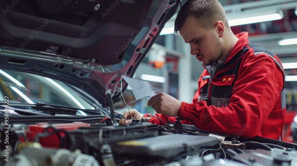 Poster auto mechanic checking electrical system of car engine using blueprint in repair garage