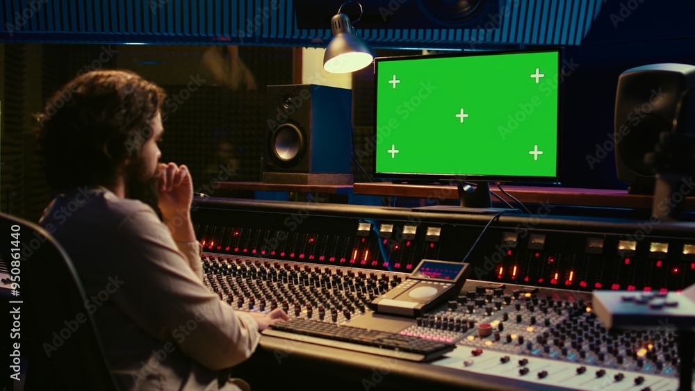 Poster sound designer watches online tutorials via greenscreen monitor to mix and master tracks and create 