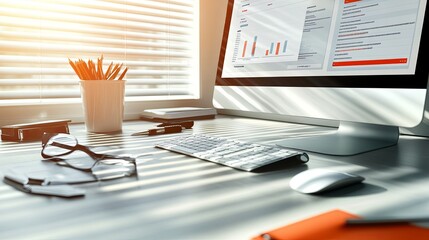 Fototapeta premium Strategic Online Marketing Campaign: Modern Office Desk with Computer Monitor, Website Analytics, and Creative Space for Branding and Text