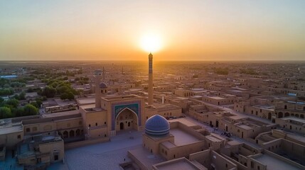 Khiva Uzbekistan Old Town Drone View with Islam Khoja Minaret. Sunset Twilight over the famous old city of Khiva - Xiva - Ð¥Ð¸Ð²Ð°, famous city along the Silk Road