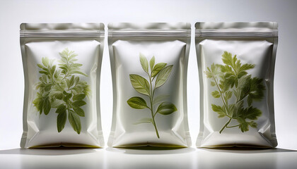 Doypacks designed for storing and selling herbs and spices resealable white