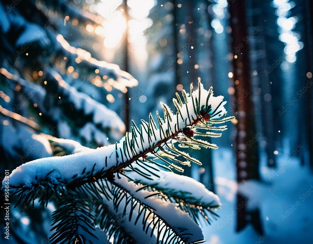 Poster a serene spruce forest blanketed in winter snow, showcasing frosted trees and gentle snowfall, creat