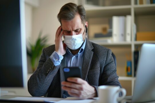 A person examining their phone while wearing a face mask, possibly during a pandemic or in a public health situation