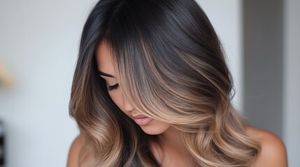 Fototapeta premium Woman with long, wavy ombre hair looking down.