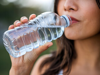 Mujer bebiendo agua de una botella de plástico
