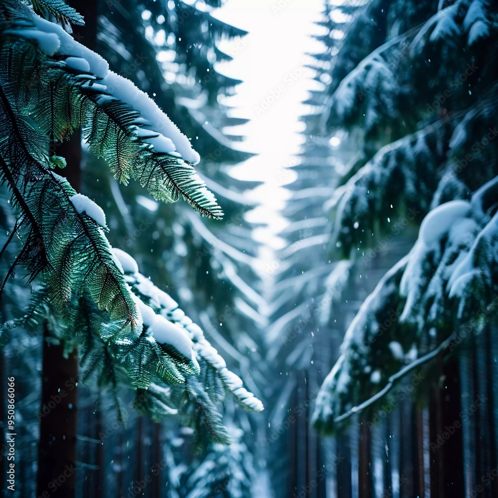 Poster a serene spruce forest blanketed in winter snow, showcasing frosted trees and gentle snowfall, creat