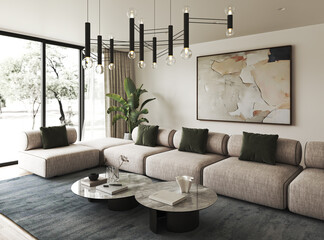 Modern living room featuring an elegant design filled with abundant natural light, 3d rendering