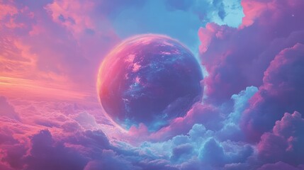 A vibrant pink and blue planet floats amidst fluffy clouds in a surreal dreamscape.