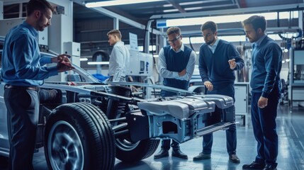 Automotive engineers analyzing electric car chassis platform during design meeting in innovation factory