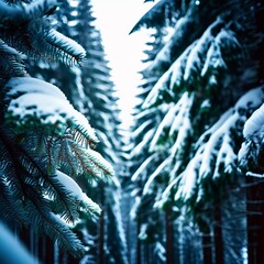 A serene spruce forest blanketed in winter snow, showcasing frosted trees and gentle snowfall, creating a tranquil atmosphere in a peaceful woodland setting. Generative AI
