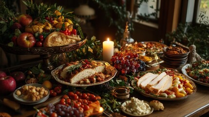 Fototapeta premium A rustic table is laden with an abundance of food, including roasted chicken, bread, fruit, and cheese. There is a lit candle in the center of the table.