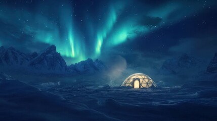 An igloo glows with warm light against a backdrop of a majestic aurora borealis display and snow-covered mountains.