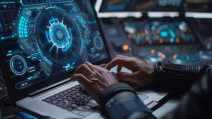 Pilot Navigating Aircraft with High-Tech Control Panels