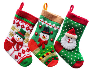 Three colorful Christmas stockings with festive designs. The stockings feature images of snowmen and Santa Claus, with bright red, green, and white patterns. Transparent background