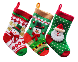 Three colorful Christmas stockings with festive designs. The stockings feature images of snowmen and Santa Claus, with bright red, green, and white patterns. Transparent background
