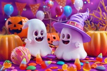 A pair of ghostly figurines sit atop a table, conveying a sense of eeriness and mystery