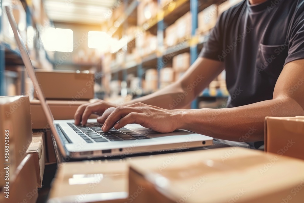 Poster man sitting at desk in industrial setting, focused on computer work