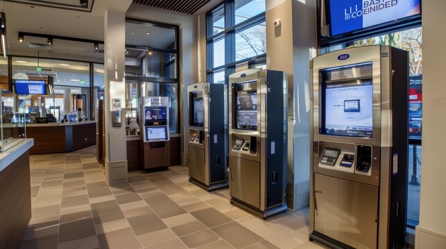 Modern bank lobby featuring interactive teller machines