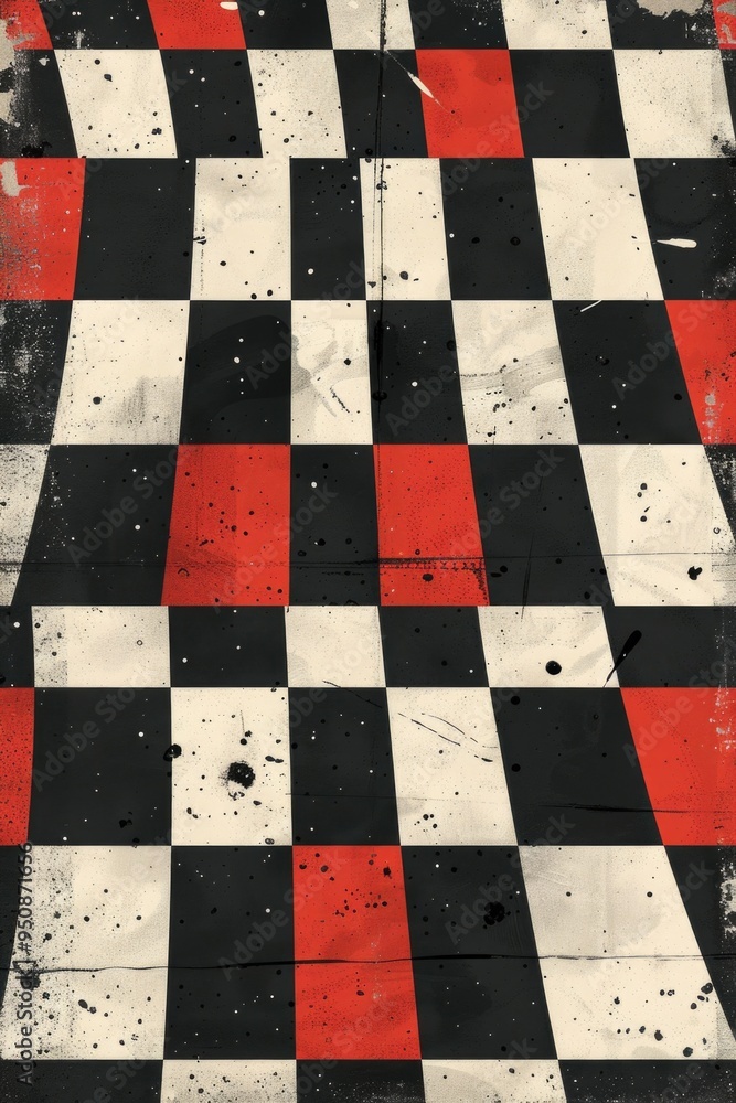 Poster A close-up shot of a black and white and red checkered floor, suitable for various design or editorial uses
